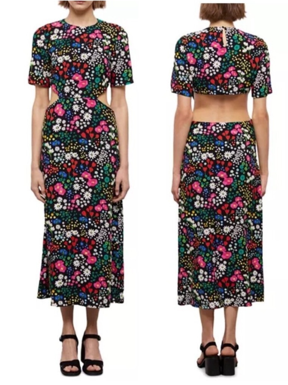 NWT The Kooples Joyful Flowers Midi Dress In Black Side Cut Outs Sz 3